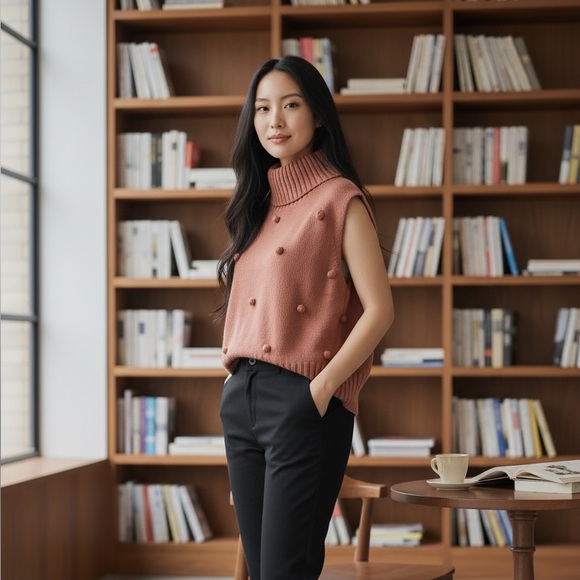Roolee Burnt Orange Knit Vest with Pom-Poms Vintage turtleneck sleeveless xl - Picture 2 of 11